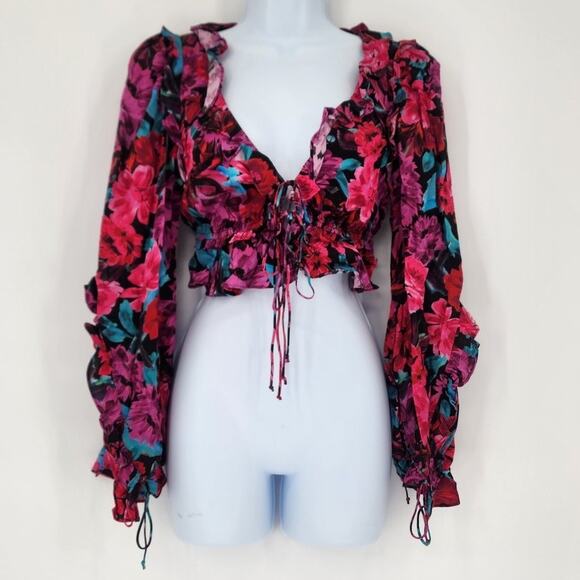 For Love & Lemons Scarlett Floral Ruffle Crop Top Pink Multi XS - Picture 2 of 11